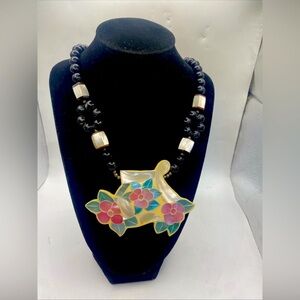 Lee Sands Inlaid MOP ivory Mother pearl Pink flower Black beads 24”